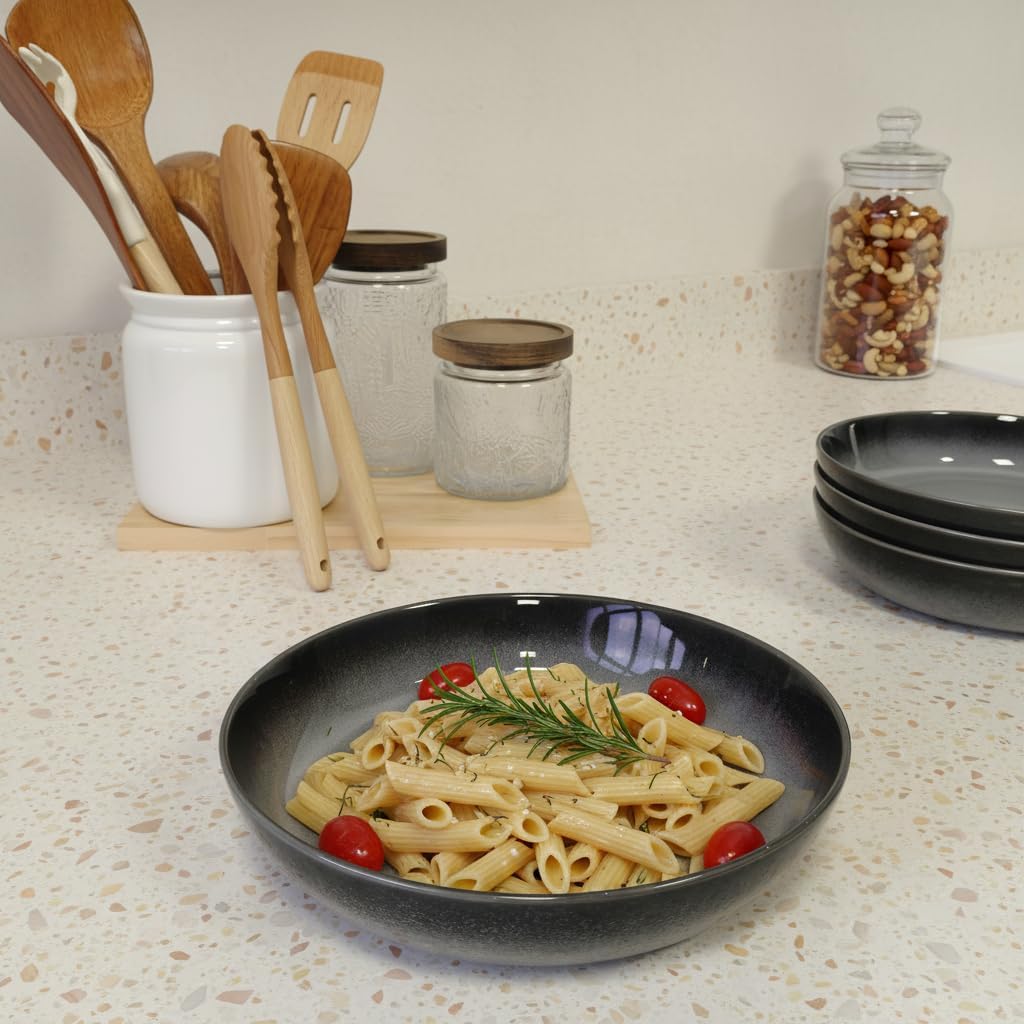 Pasta Bowls 38 oz, Large Ceramic Stoneware Salad Bowls Set for Serving Soup, Pasta, Noodle, Dinner, Microwave Safe - 9 Inch, Set of 4, Slate gray