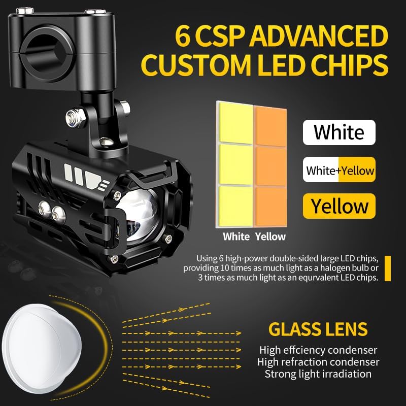 LED Motorcycle Auxiliary Lights Driving Fog Lights Universal Spotlights White/Amber High/Low Beam with 7 Modes, Compatible with Motorcycle SUV ATVs UTVs, 2PCS