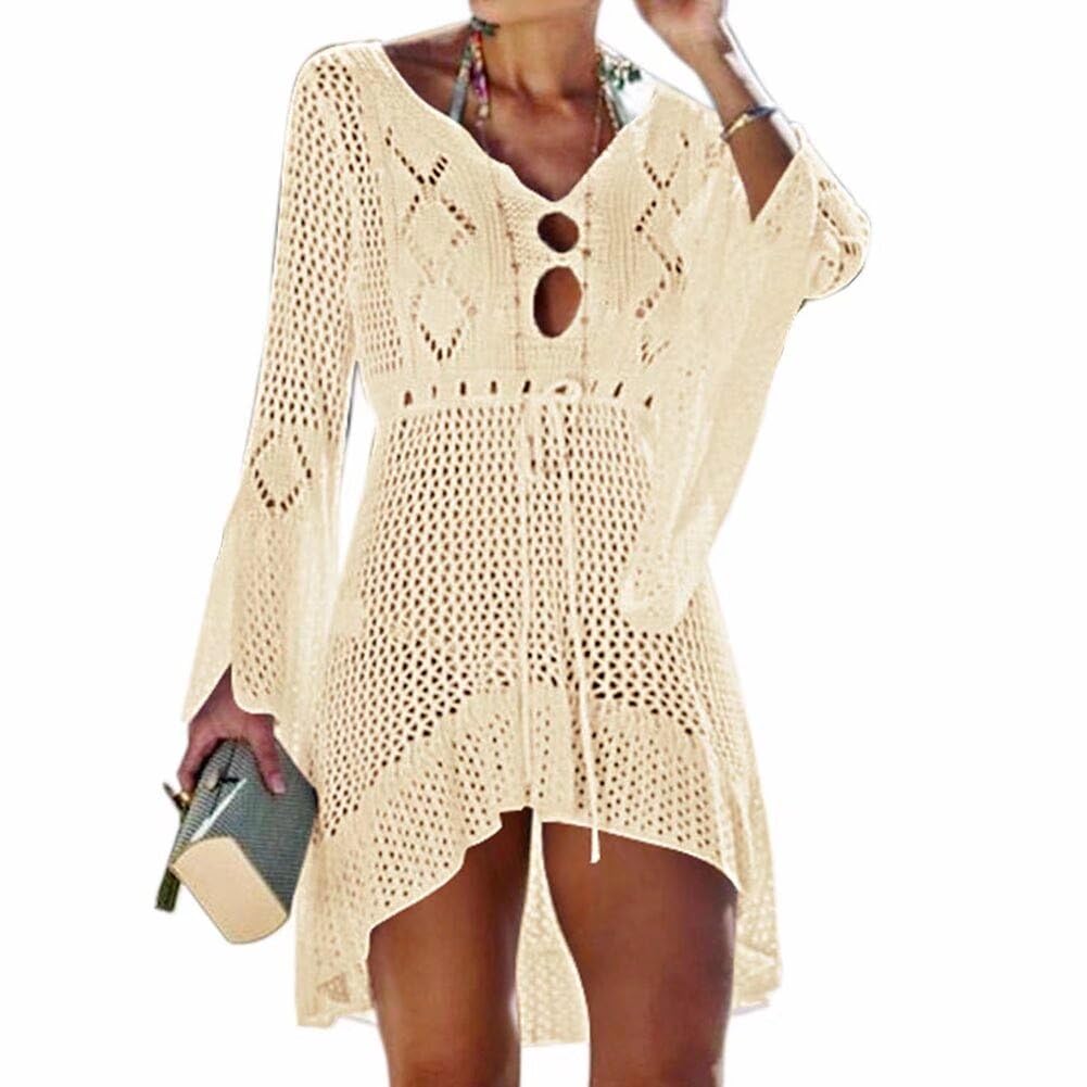 Jinsha Mujer Vestido Punto Traje Ropa de Playa Camiseta Pareos Cover ups Kimono Bikini Baño Sexy Largo Suelto Suave Cómodo V Cuello Hueco Cobertura Pareos de Playero