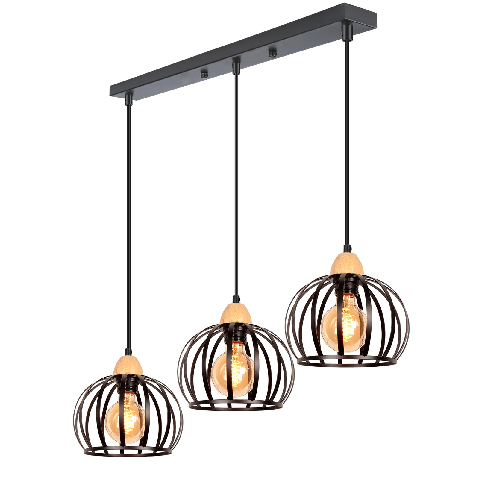 iDEGU 3 Luces Lámpara Colgante Vintage Lámpara de Techo en Madera y Metal Industrial Lámpara de Araña Diseño Jaula Retro Iluminación E27 Luz Colgante para Sala de Estar Cocina Salón (Barra, Negro)