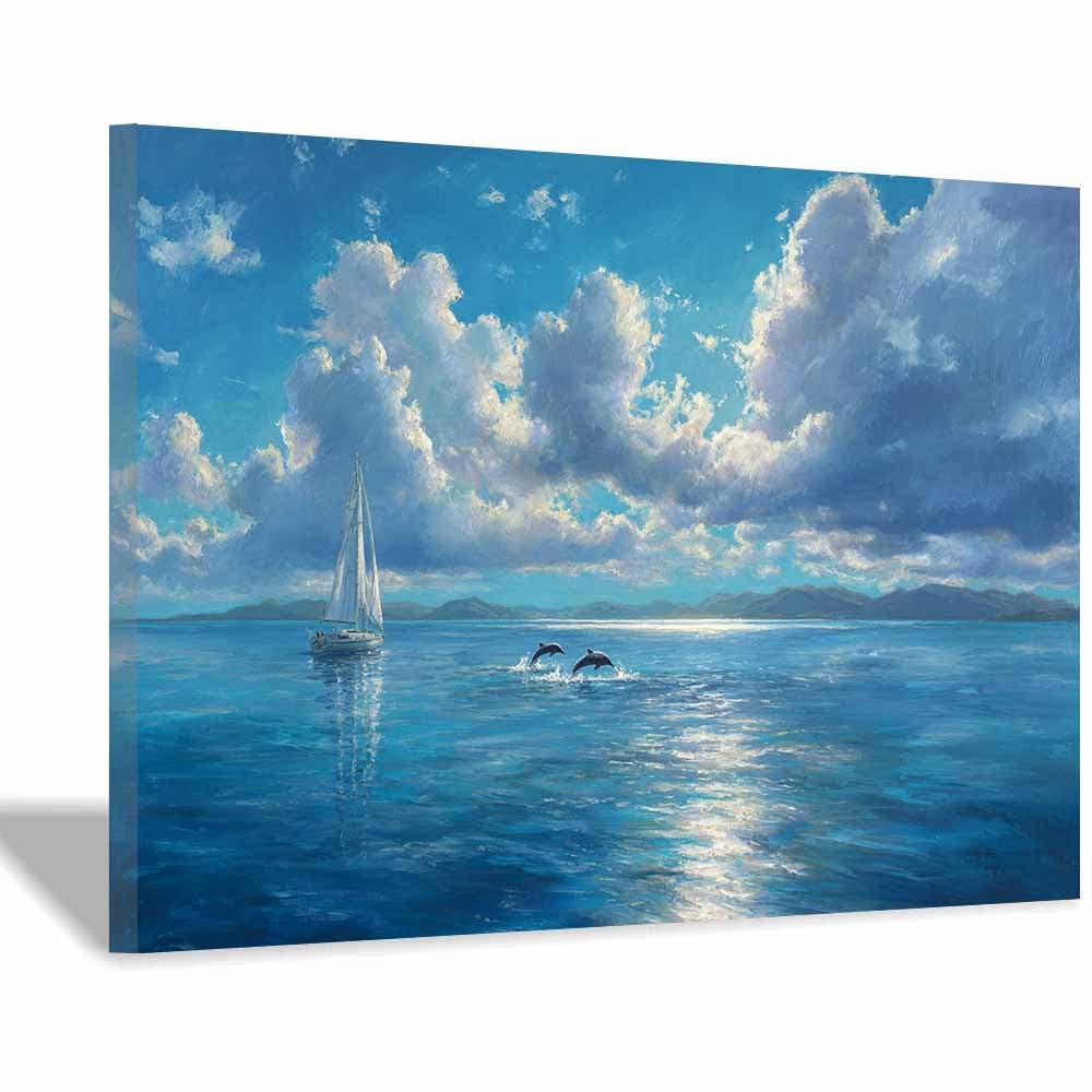 HOQIU Beautiful wall art Dolphin SailBoats Art canvas artwork for wall, art prints, For living room, bedroom, bathroom, dining room, painting and decor.(Multicolor)-30x40cm Framed