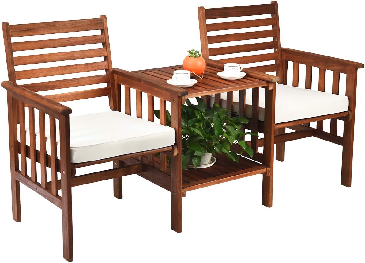 COSTWAY Gartenbank mit Tisch, 2Sitzer Holzbank mit Sitzkissen