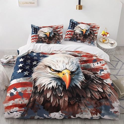 OmErsa Juego de funda de edredón de águila tamaño matrimonial, 3 piezas, funda de edredón de bandera estadounidense y 2 fundas de almohada de