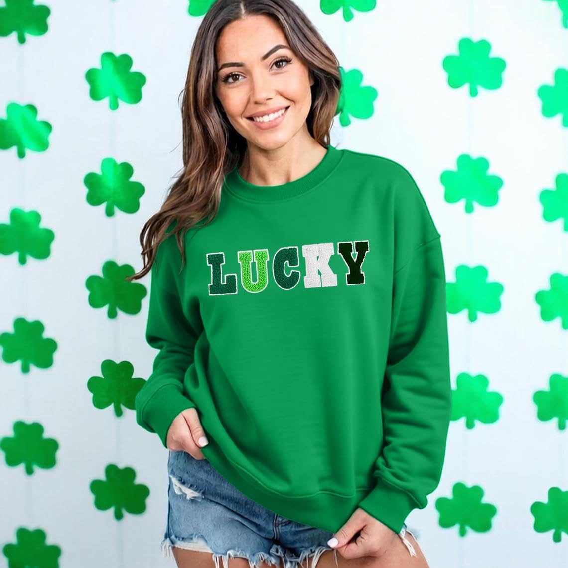 St Patricks Day Sweatshirt Women Shamrock Embroidery Sweatshirts St Patricks Day Shirt Casual Lucky Patch Pullover Tops