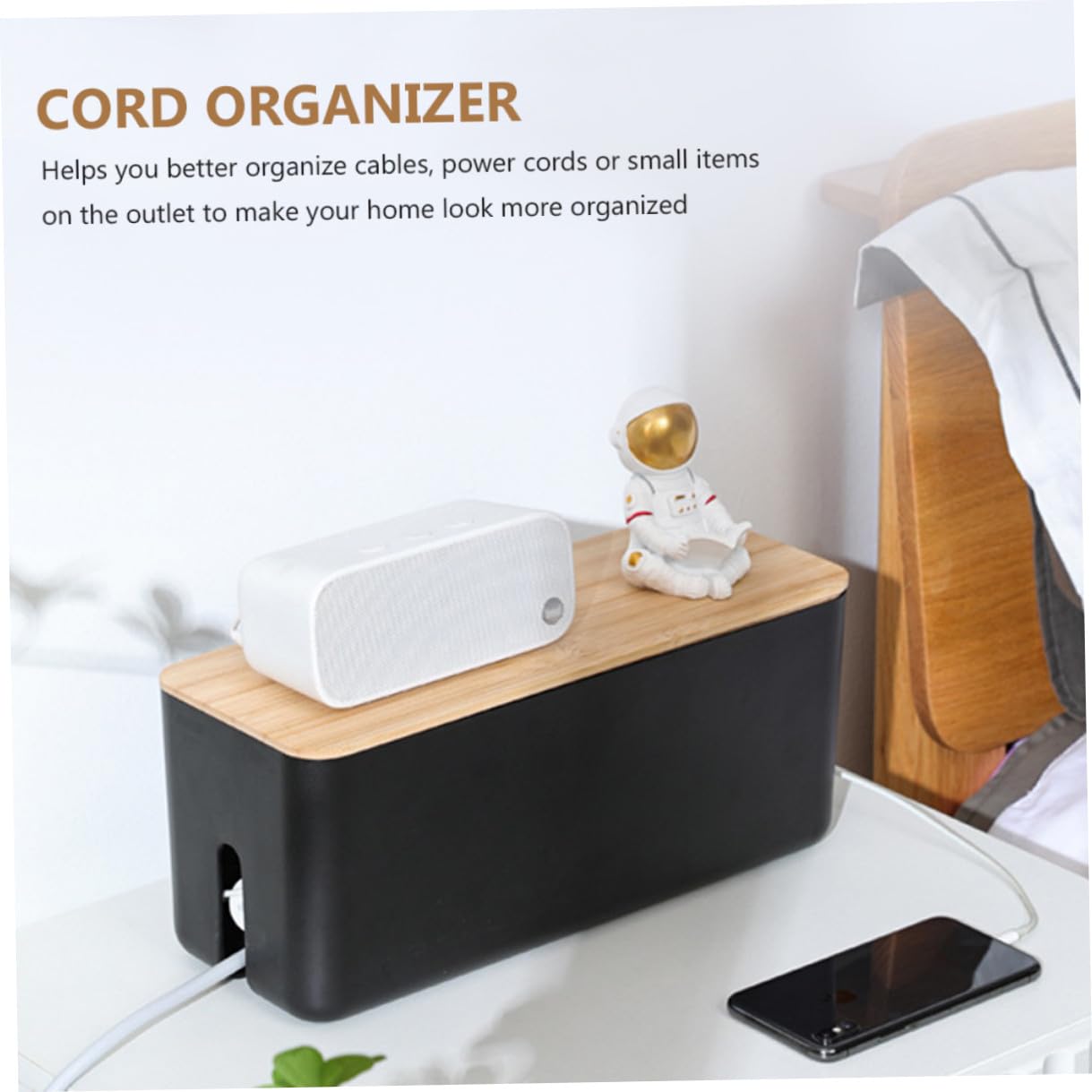 POPETPOP Kabelbox mit Bambusdeckel Kunststoff Kabel Organizer Aufbewahrungsbox Kabelhalter für Ladegerät Stromkabel Wandmontage Kabelmanagement Schwarz