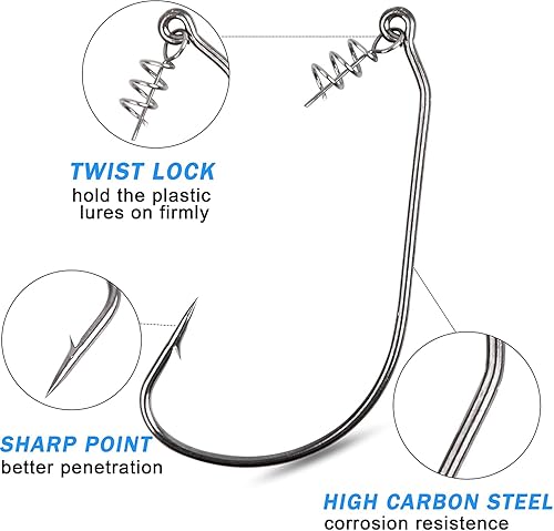 Miniatura 5 de Twistlock - 50 ganchos de pesca con pasador de resorte centrado para señuelos de plástico suave, cebos de agua salada de agua dulce, tamaño 10 20 30