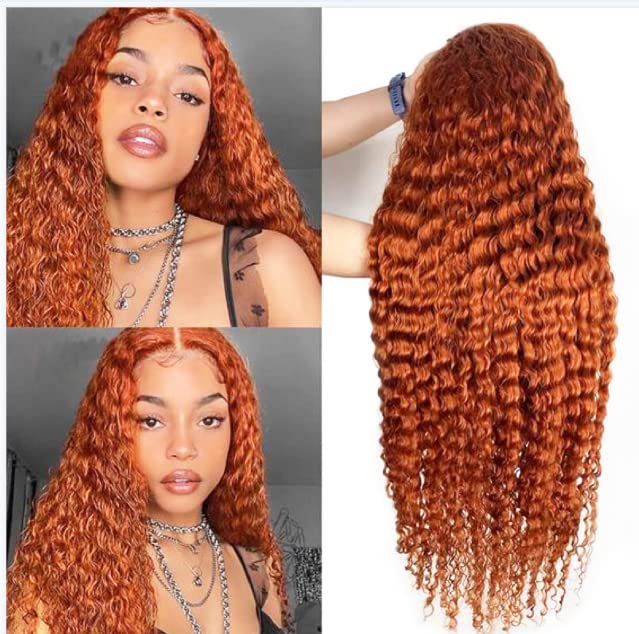 Ginger Orange Human Hair Wig Colored Lace Front Wigs Water Wave 13x1 T Part Lace