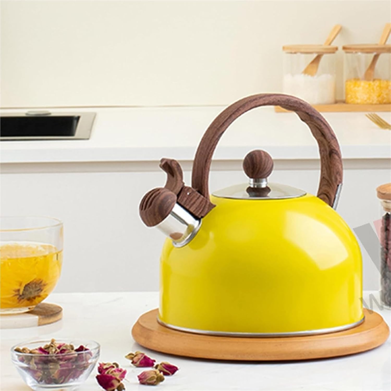 Czajnik turystyczny z gwizdkiem, 2.5L Stainless Steel Whistling Tea Kettle Wood Handle All Stoves Multicolor 10.0 inches(D)