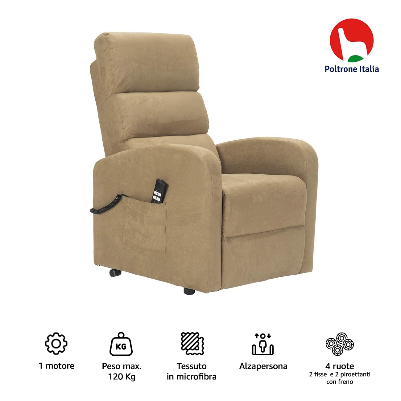 POLTRONE ITALIA Poltrona Relax Elettrica 4 ruote reclinazione poltrona per anziani soggiorno elevabile Detraibile 19% microfibra Azzurro