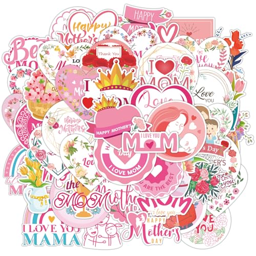 Tinoaly 50uds Pegatinas Día Madre, Varios Estilos Vinilo Impermeable Etiquetas Regalo Día Madre Etiquetas Mamá Como Recuerdo Fiesta y Decoración Tarjetas Felicitación Sellos Sobres Papel Regalo