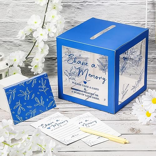 Image of Pajean 50 Pcs Greenery Share a Memory Card for Celebration of Life Cards Box with Clear Windows Memory Box for Funeral Wedding Birthday Graduation Bridal Shower Guest Card Ideas(Clear,Dark Blue)