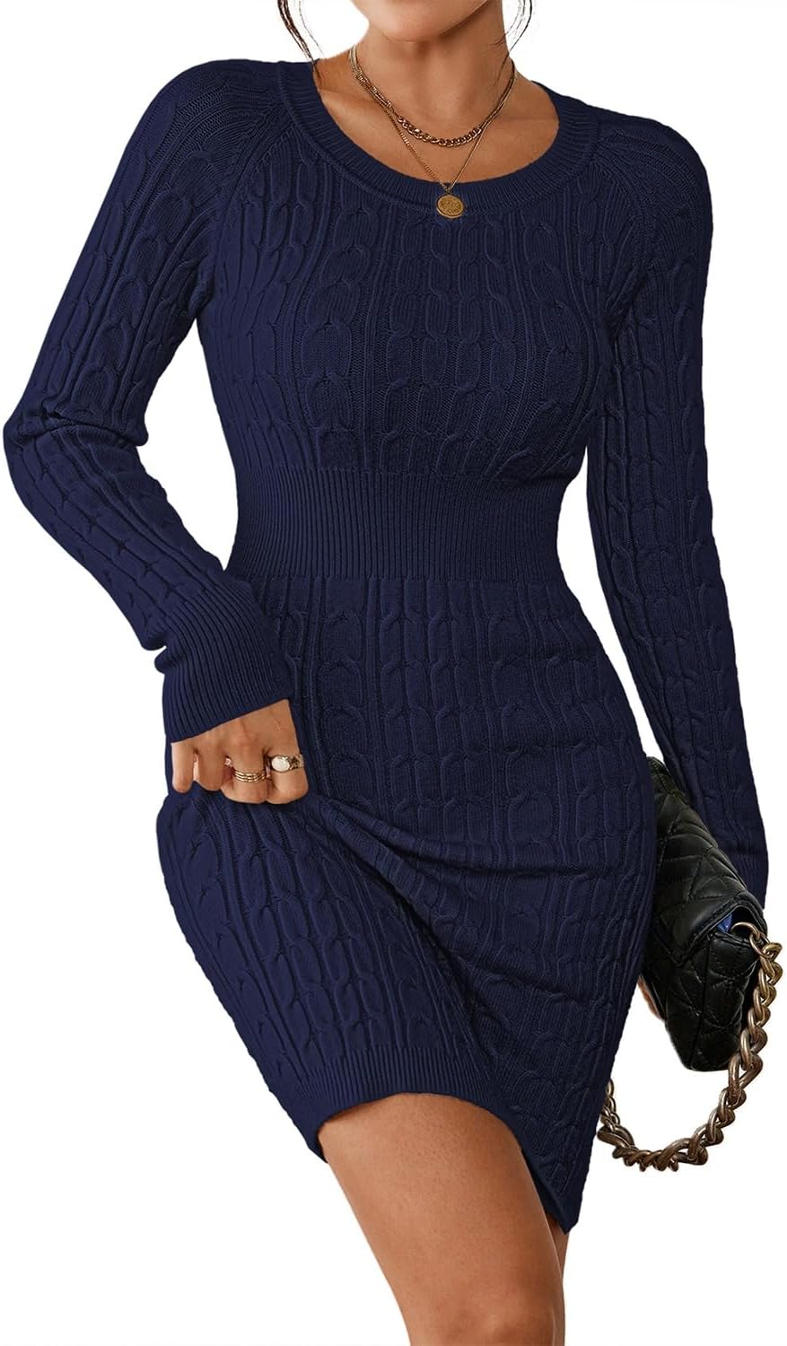 Pink Queen Women's Cable Knit Sweater Dress Long Sleeve Crewneck Mini Pencil Bodycon Dresses Fall Winter Outfits