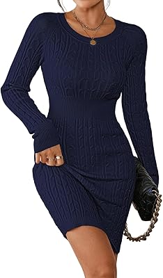 Pink Queen Women's Cable Knit Sweater Dress Long Sleeve Crewneck Mini Pencil Bodycon Dresses Fall Winter Outfits