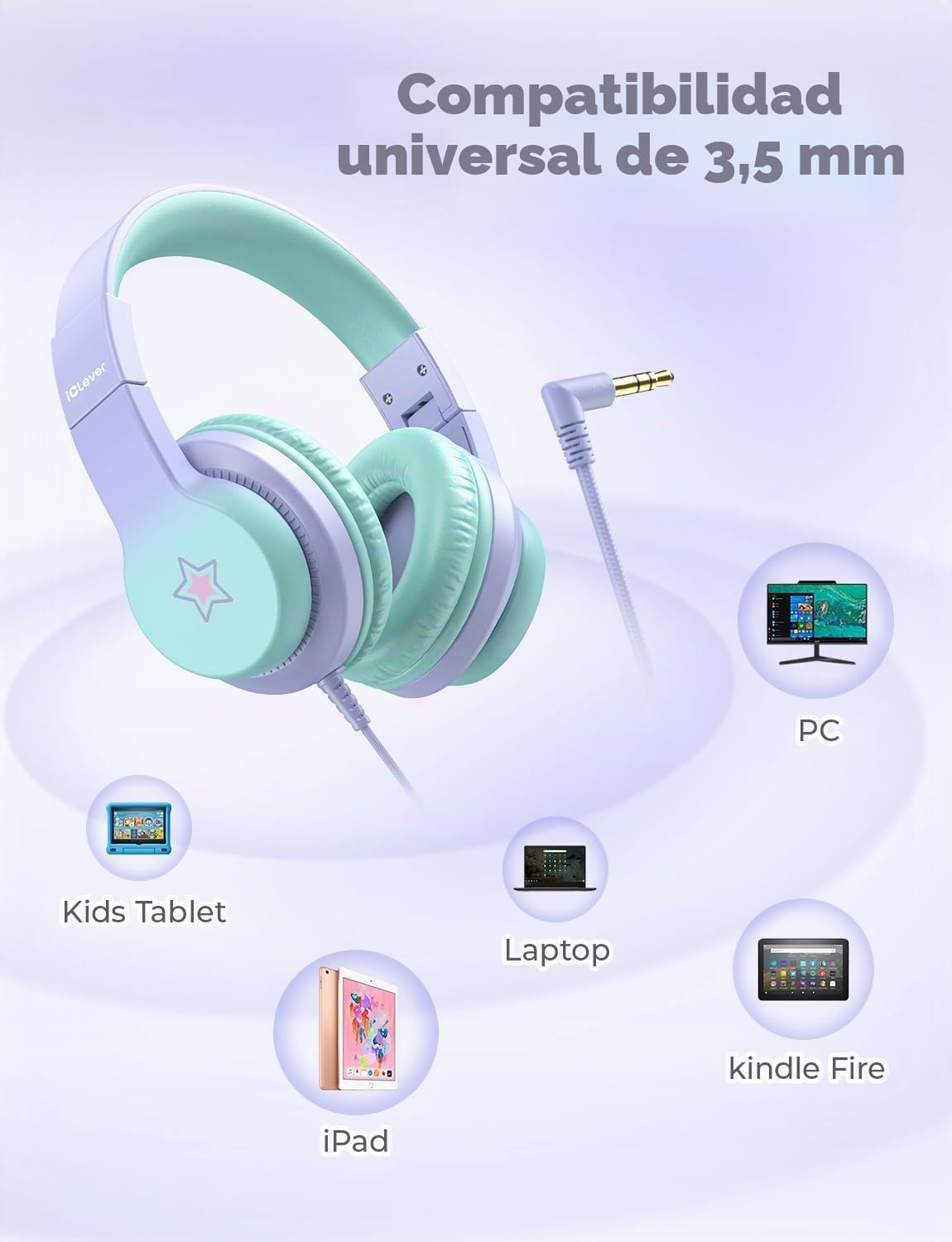 iClever HS19S - Auriculares con Cable Plegable para niños con micrófono, limitador de Volumen 85/94 dB - Shareport - Auriculares estéreo para niños y niñas, Auriculares con Cable con Enchufe