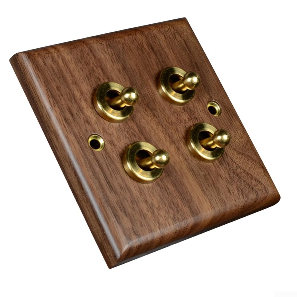 Retro Industrial Style Light Switch Socket - Walnut Wood Brass Toggle Switch Plate - Brown Wooden Light Control - Antique Home Stay Switch-86x86mm (4 Gang)