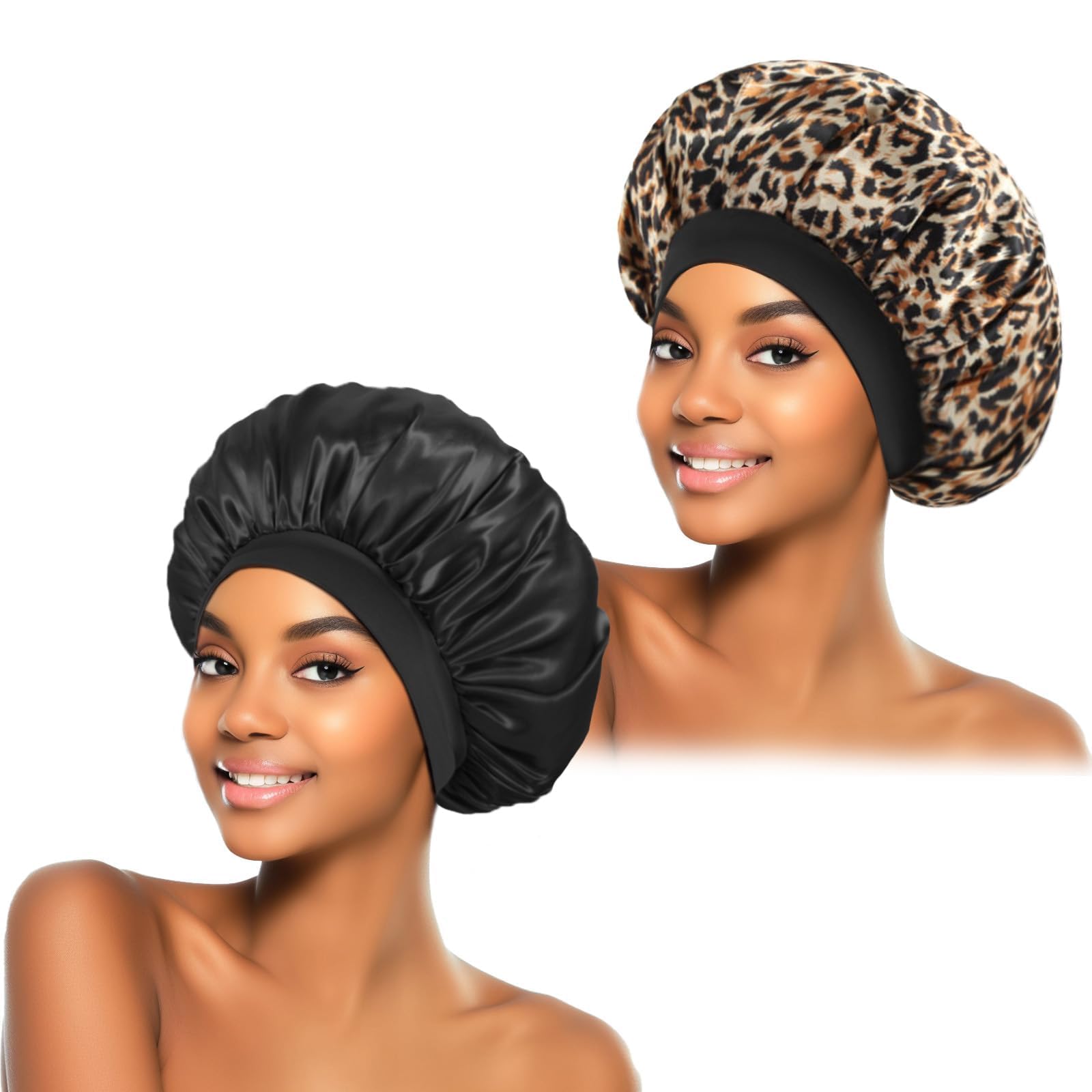 2Pcs Satin Bonnet for Sleeping, Silk Hair Bonnets, Soft Elastic Band Silk Sleep Cap, Hair Wrap for Women(Black Leopard)