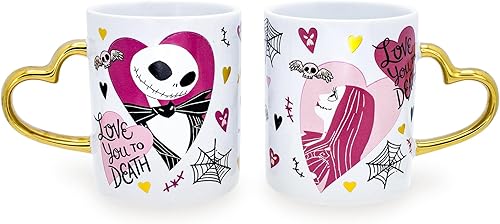 Disney - Juego de tazas de cerámica con mango esculpido de Jack y Sally con asas de corazón esculpidas | Cada uno tiene capacidad para 14 onzas