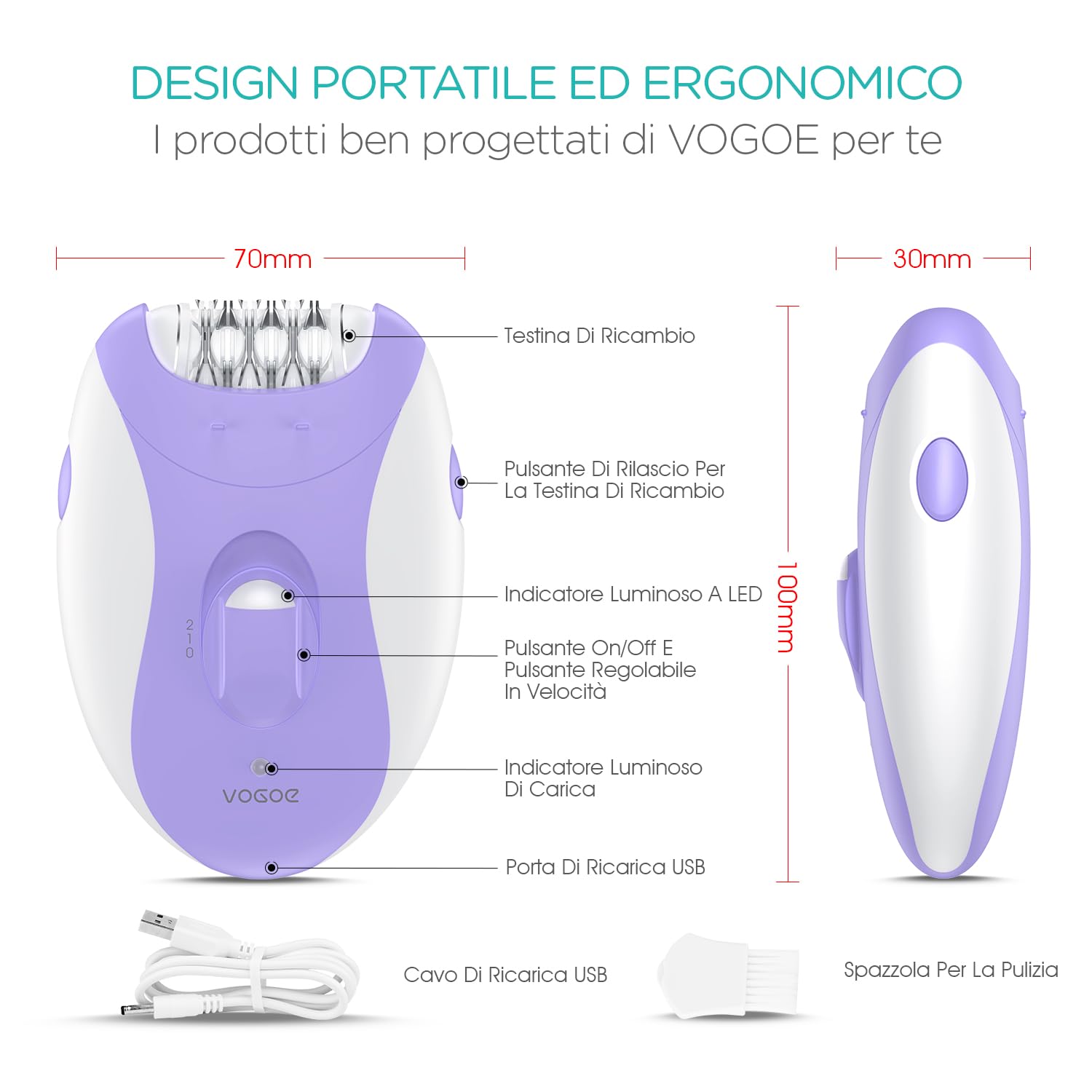 VOGOE Epilatore per Donne, Epilatori 4 in 1 Depilazione con 2 Velocità, Epilatore Cordless Ricaricabile a Rasoio, 21 Pinzette Coperte, Depilatore Elettrico per Viso Gambe Braccia Ascelle Bikini, Viola