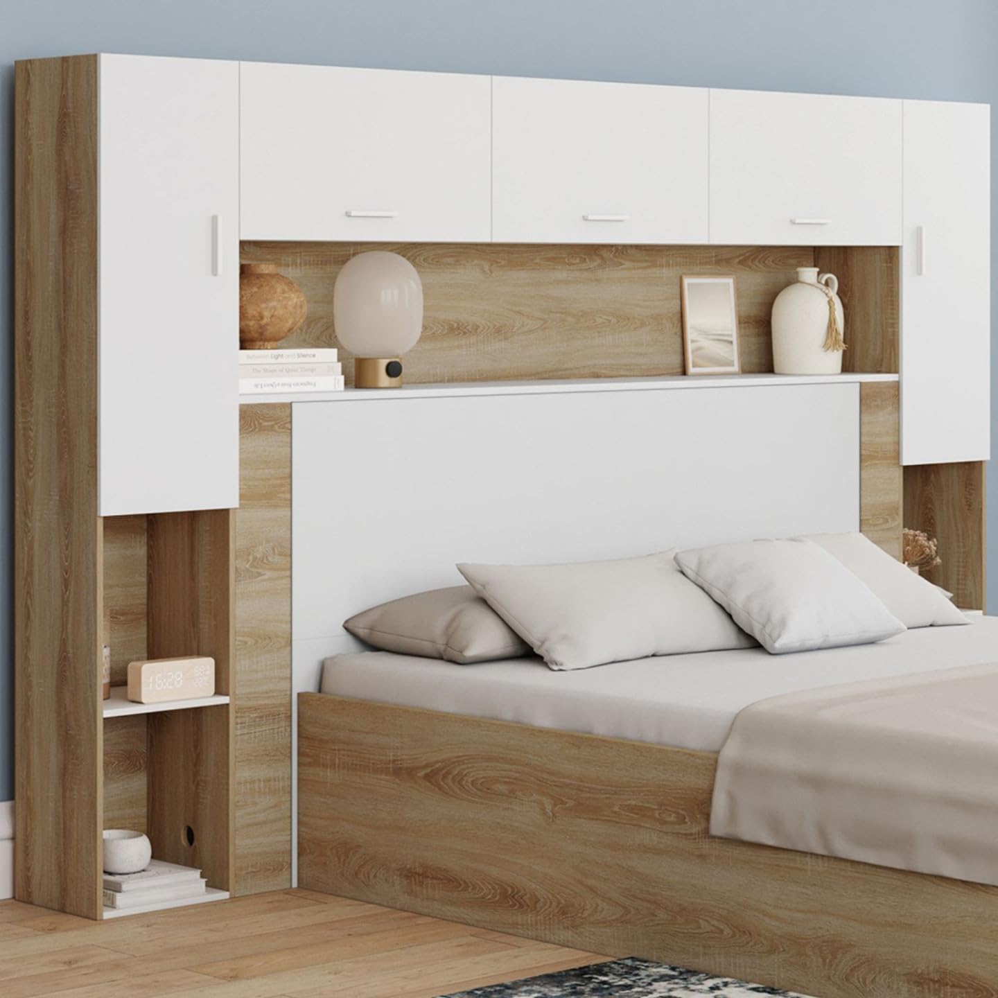 IDMarket - Pont de lit Bridget 226 cm avec rangements Bois et Blanc