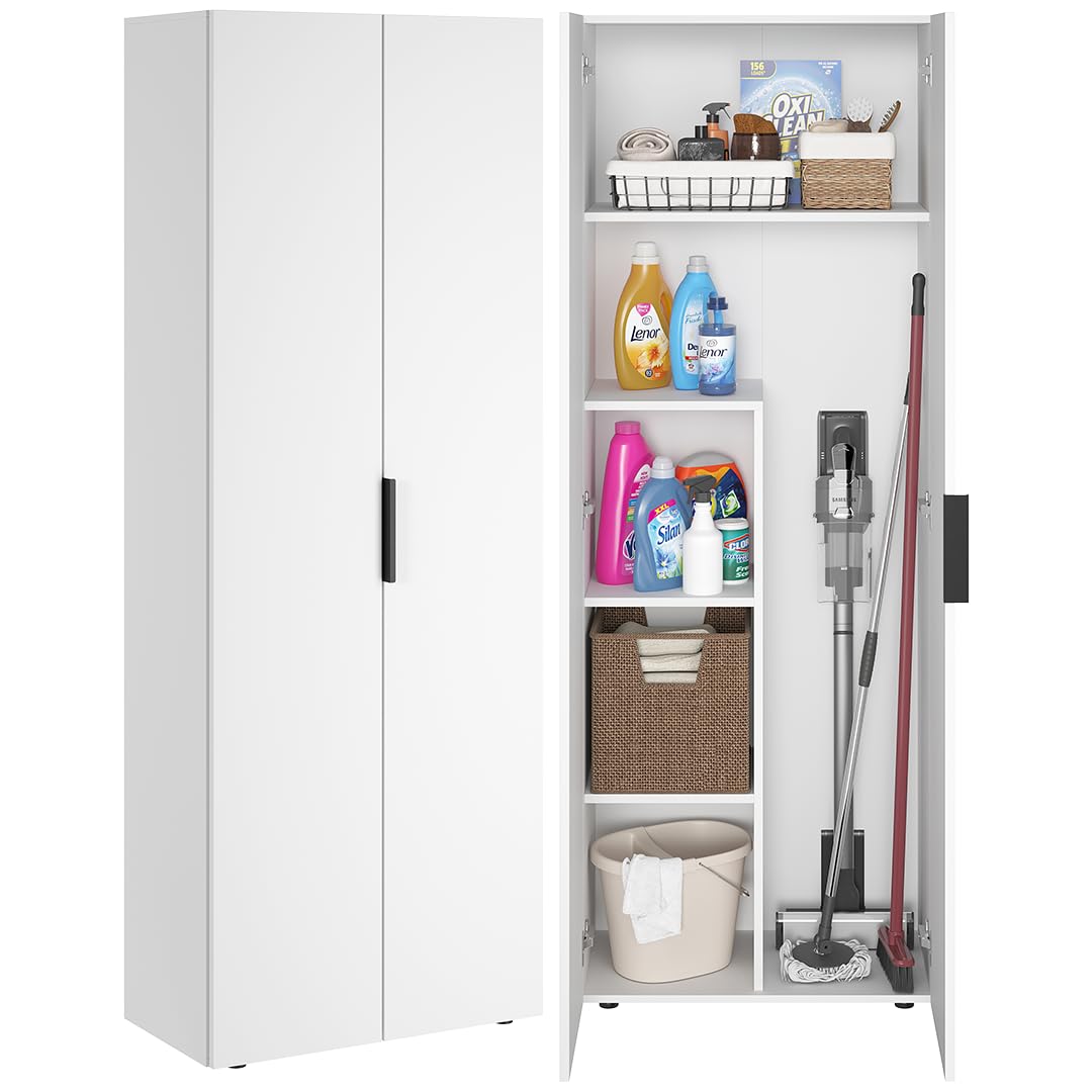 Bellamio Lurio Mehrzweckschrank – weißer Besenschrank aus Holz mit schwarzem Griff – Flurschrank mit 5 Fächern inkl. Staubsaugerfach – Haushaltsschrank – Vorratsschrank – Putzschrank 176 x 33 x 60  cm