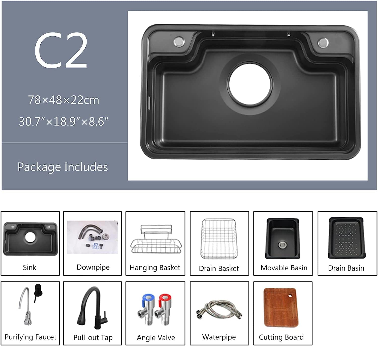 Fregadero De Barra De Cocina Negro Grande con Grifo Extraíble, Grifo Purificador, Kits De Drenaje E Instalación, Fregadero De Cocina De Un Seno De Acero Inoxidable Espesado 304, Fregadero De