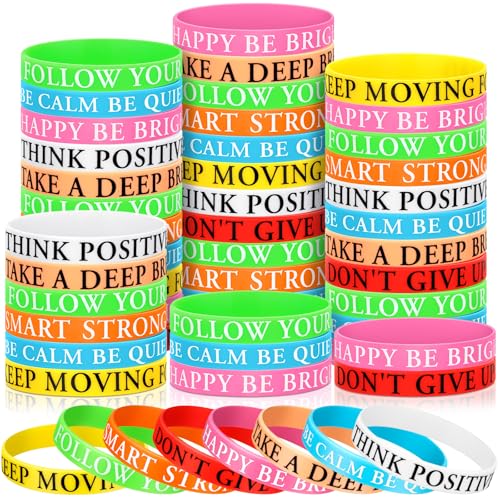 JellyArch 48 Pcs Back to School Gifts Motivational Silicone Wristbands Bulk Inspirational Bracelets Mental Health Encouragement Wristbands for Students End of Year Gift(Bright Color Inspirational)
