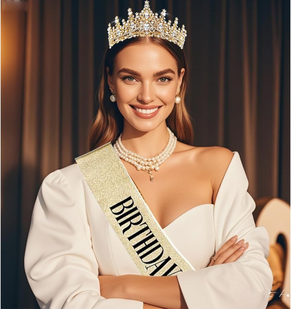 Exquisite and Elegant Golden Crown Headpiece for Women – Queen Tiara with Glittering Crystal Design, Ideal for Bridal Weddings, Birthday Balls, Debutante Photos, and Special Occasions