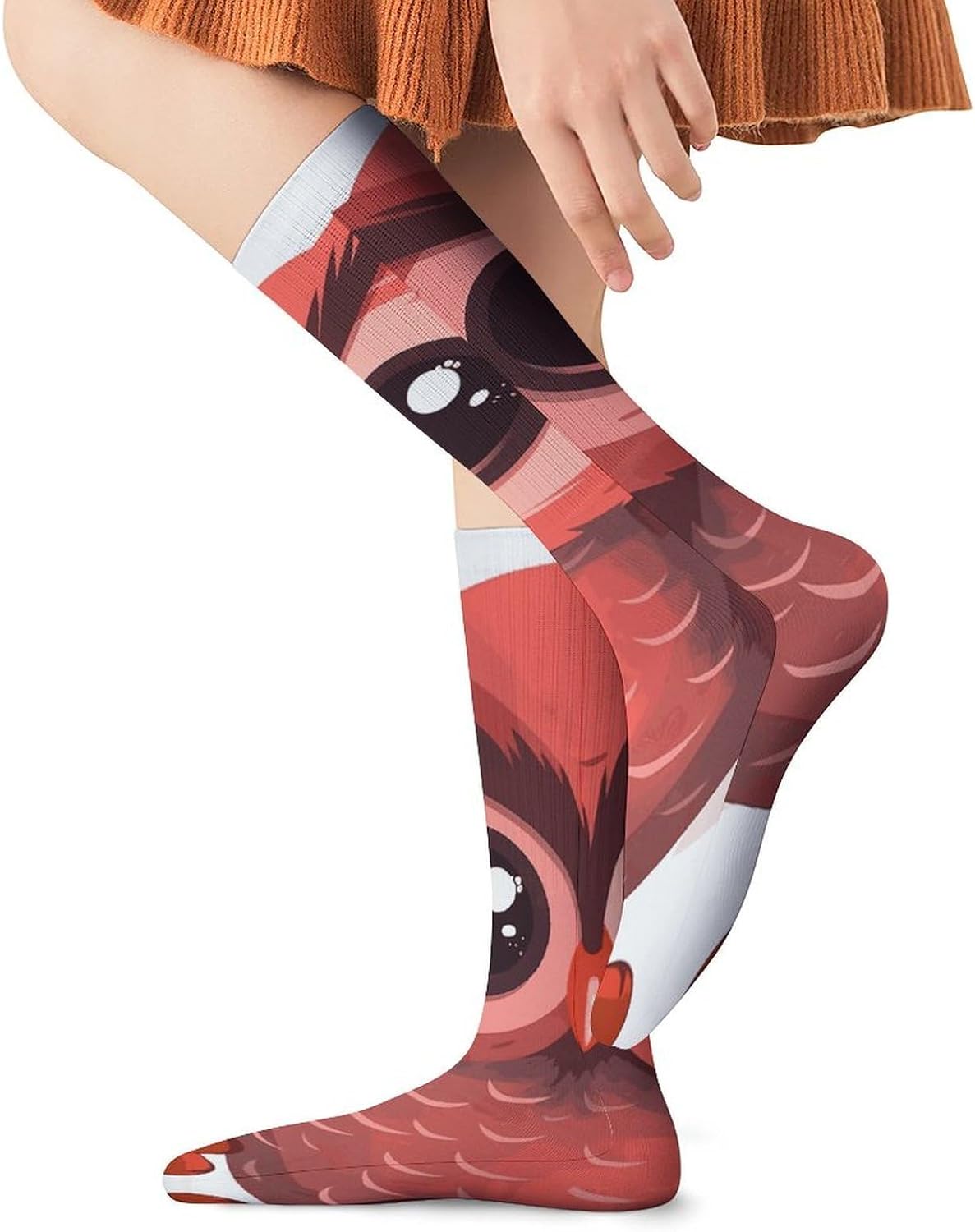 Breathable Crew Sock, Moisture Wicking, Athletic Calf Socks, Cozy | Cute Red Owl Compression Socks for Women Men, Lightweight High Work Socks for Business, Casual