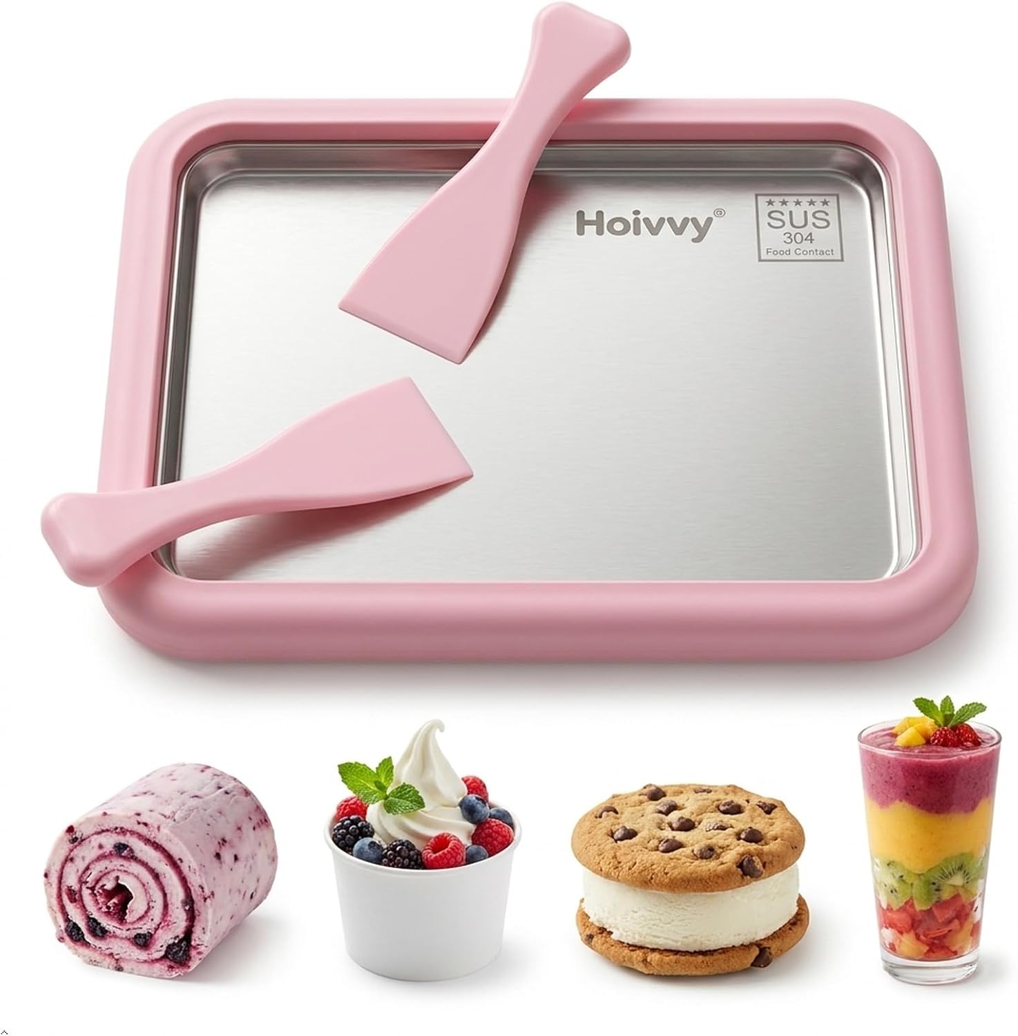 Rolled Ice Cream Maker – Large 10.2" Tray with 2 Spatulas, 304 Stainless Steel Cold Plate, DIY Frozen Yogurt, Smoothie & Slushie Machine for Home, No Electricity Needed, Easy Clean