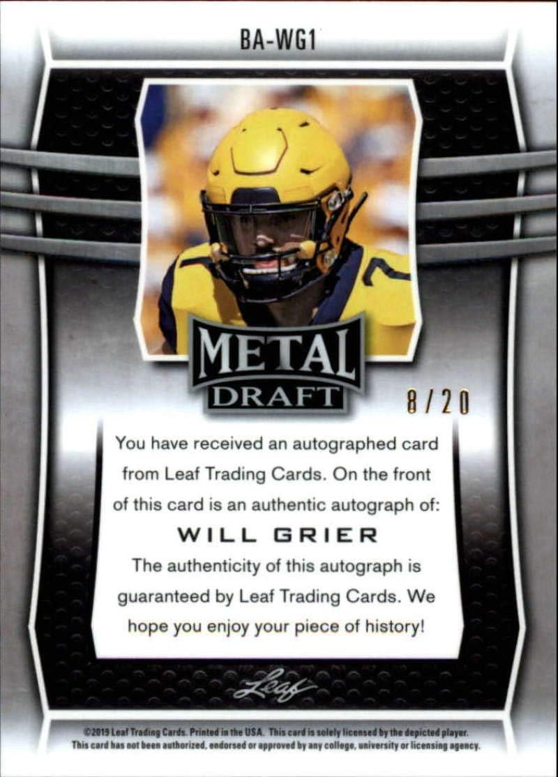 2019 Leaf Metal Draft Autograph Pink Football #BA-WG1 Will Grier SER20 West Virginia Mountaineers ON CARD Rookie RC AUTO Licensed Trading Card