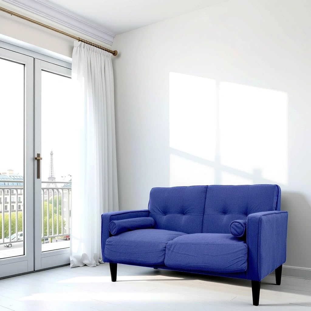 GARDENIA Divano fisso rivestimento in Vellutino e imbottitura in Poliestere, con Gambe in Legno e Cuscini Sfoderabili JoY, Blu, 130x75xH73 CM