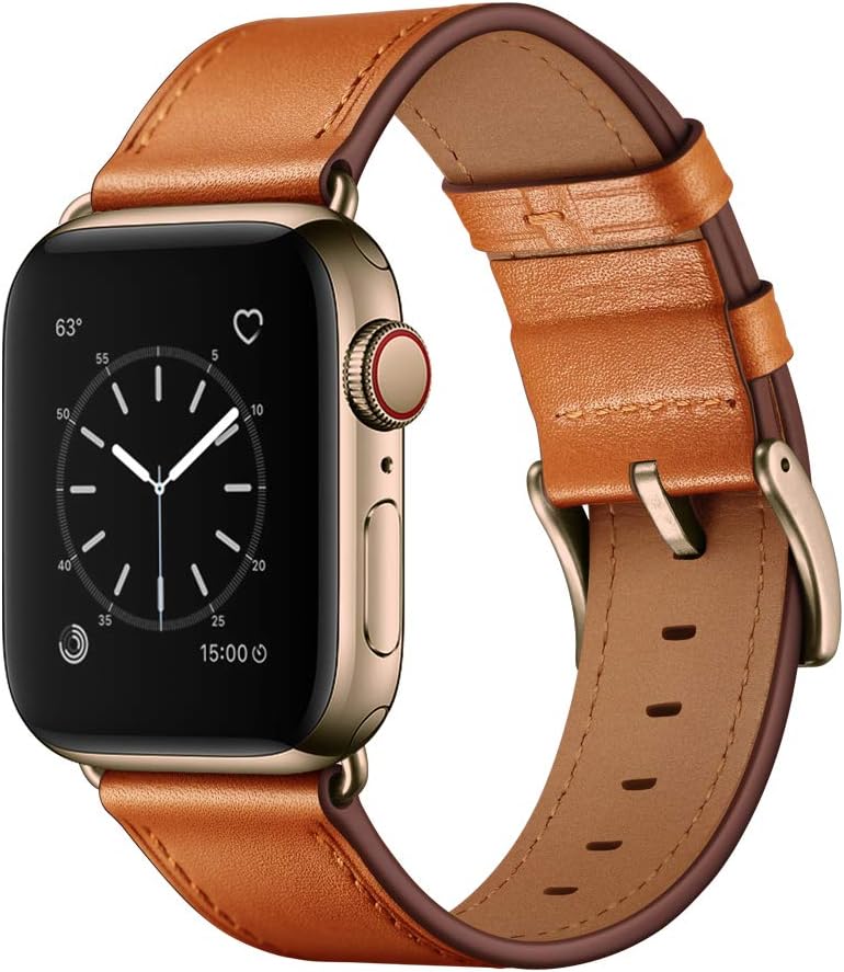OUHENG Leather Bands Compatible with Apple Watch Band 38mm 40mm 42mm 41mm, Genuine Leather Strap Compatible with Apple Watch Series 1/2/3/4/5/6/7/8/9/10/11 & SE3 SE2 SE Brown Bronze Gold