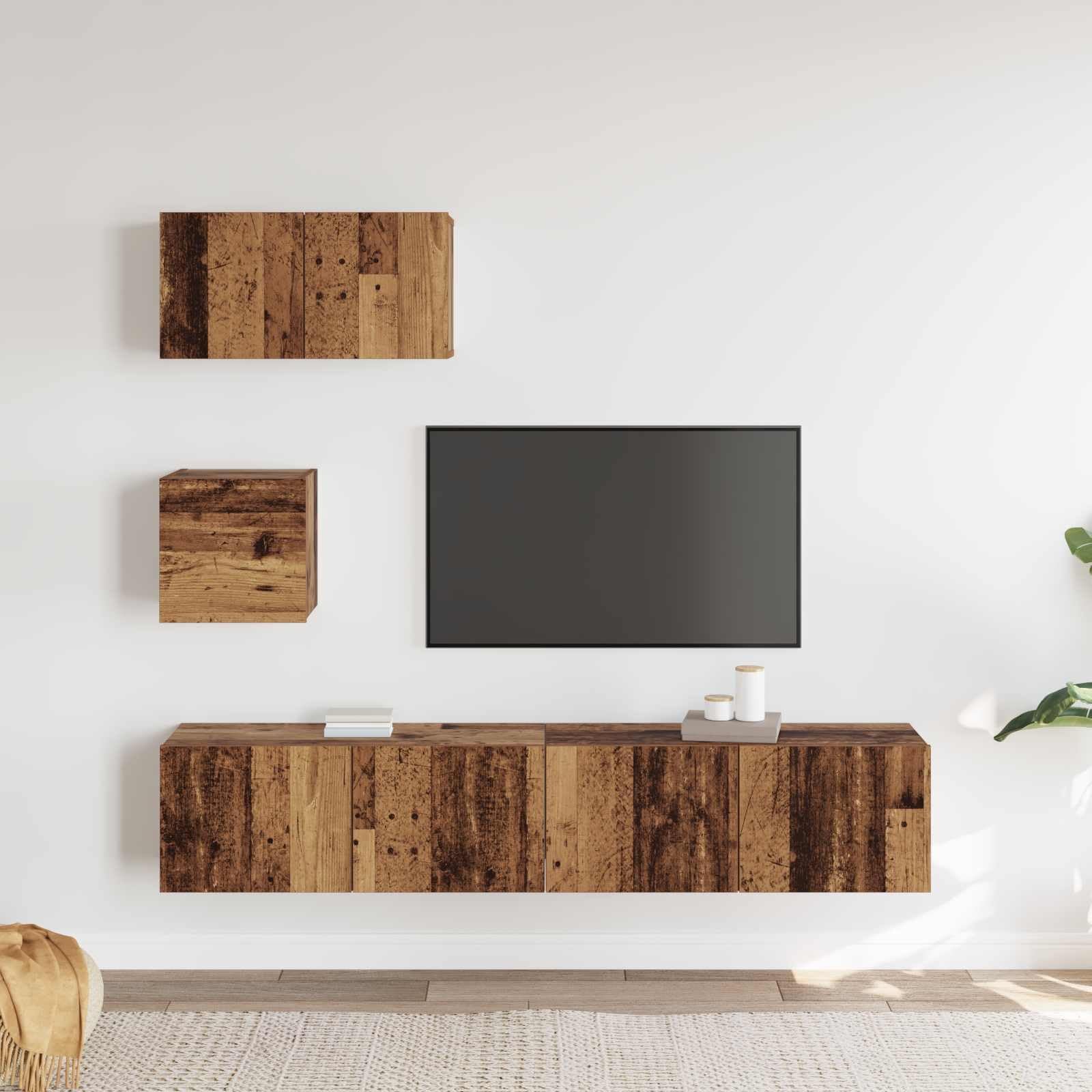 TV-Schrankset Wandmontiert 3-teilig, Altholz Holzwerkstoff, Modernes Media-Center für Wohnzimmer und Schlafzimmer, Platzsparendes Design mit Stauraum