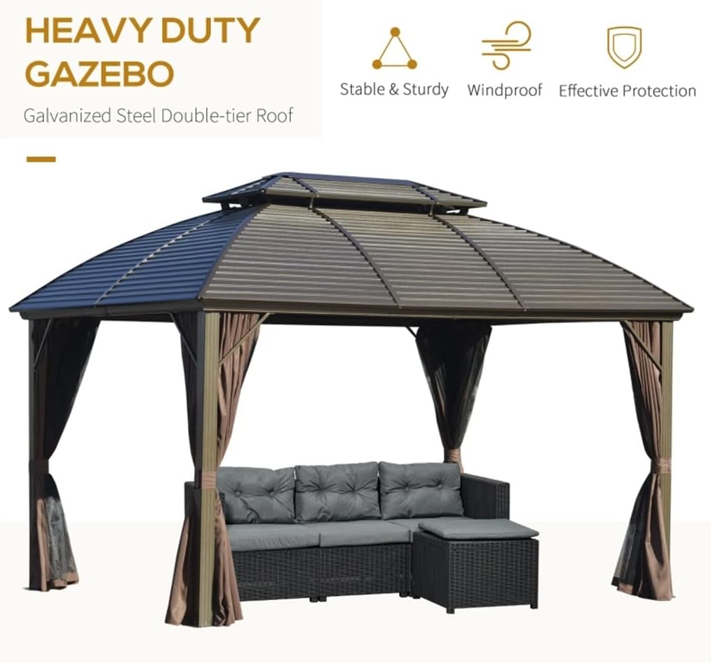 10x12 Hardtop Gazebo with Aluminum Frame, Metal Roof Gazebo Canopy with Curtains and Netting for Gardens, Patios
