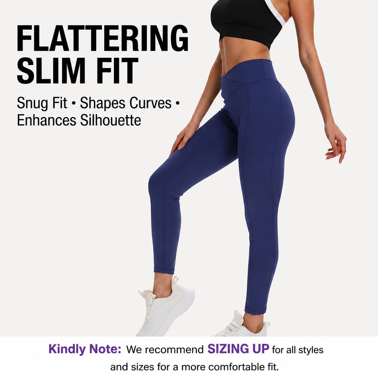 Women Tight Yoga Leggings with Pockets V-Cross Waist High Waist Tummy Control Butt Lifting 7/8 Workout Tights