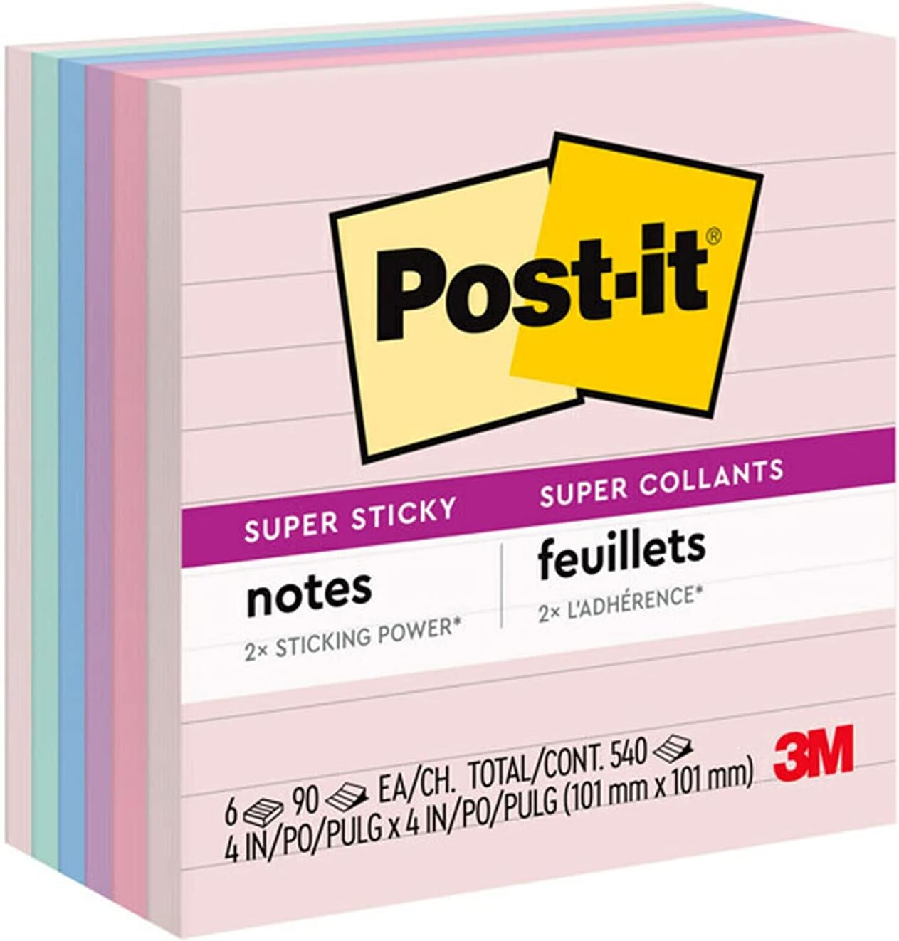 Post-it Super Sticky Recycled Notes, 4x4 in, 6 Pads, 2x the Sticking Power, Bali Collection, Pastel Colors (Lavender, Apricot, Blue, Pink, Mint), 30% Recycled Paper (675-6SSNRP)