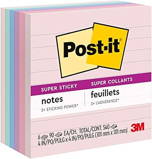 Post-it Super Sticky Recycled Notes, 4x4 in, 6 Pads, 2x the Sticking Power, Bali Collection, Pastel Colors (Lavender, Apri...