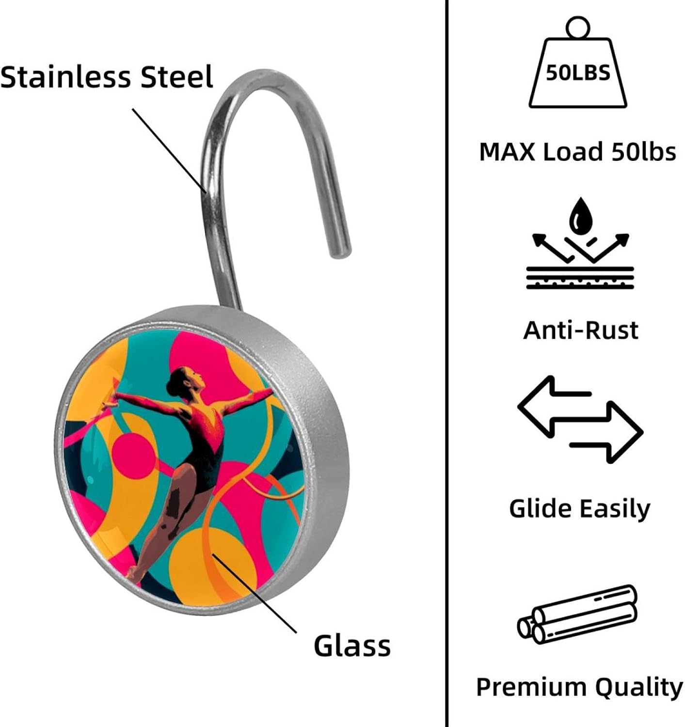 Shower Curtain Hooks, Home Decorative Rhythmic Gymnastics Colorful Background Shower Curtain Rings for Bathroom, Rustproof Stainless Steel Shower Curtain Hangers Bathroom Accessories, Set of 12