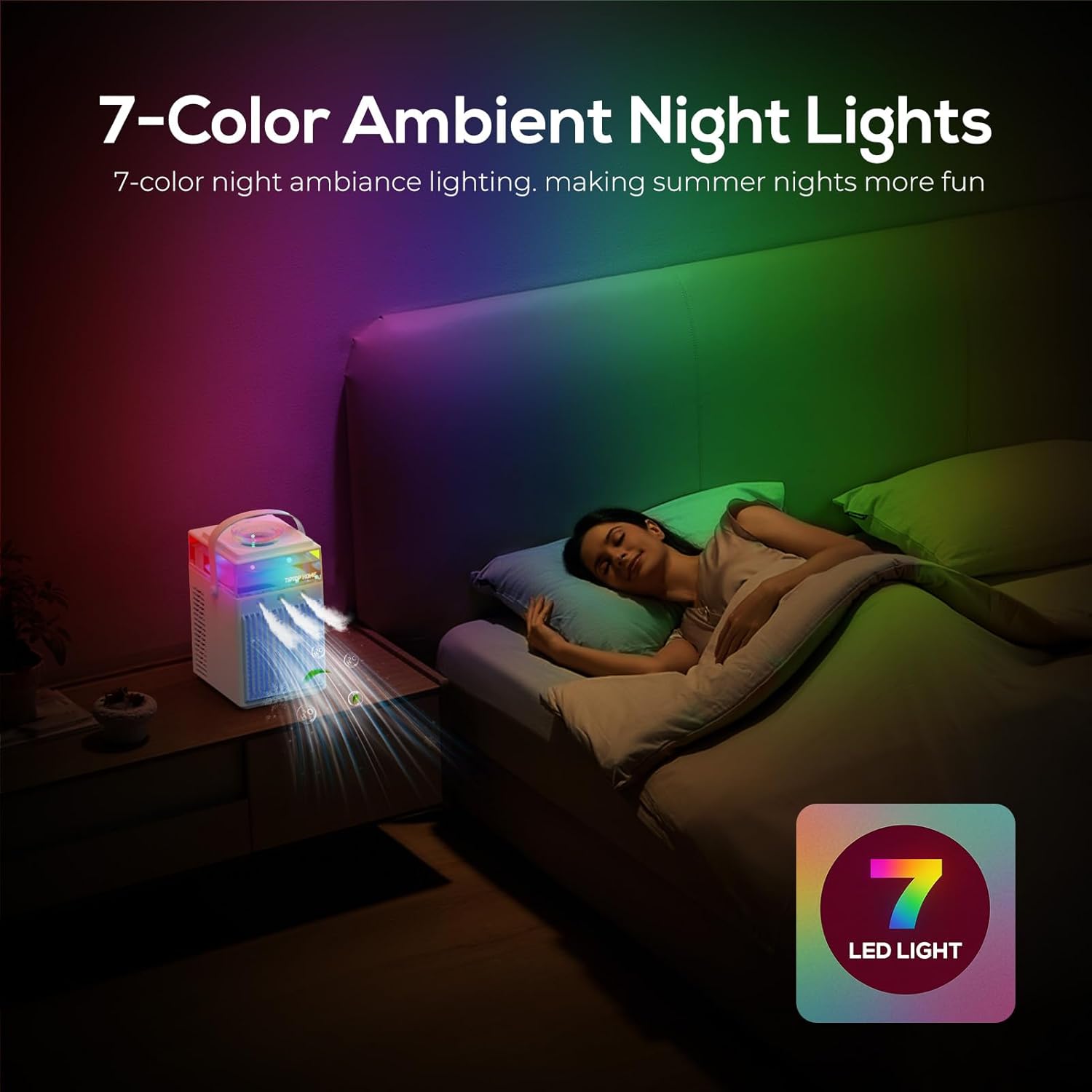 Portable Air Conditioners, 4-IN-1 Evaporative Air Cooler with App Control, 800ml Water Tank, Rechargeable Mini Air Conditioner, 3 Speeds & 3 Mist, Colorful Night Light Cooling Fan (White)