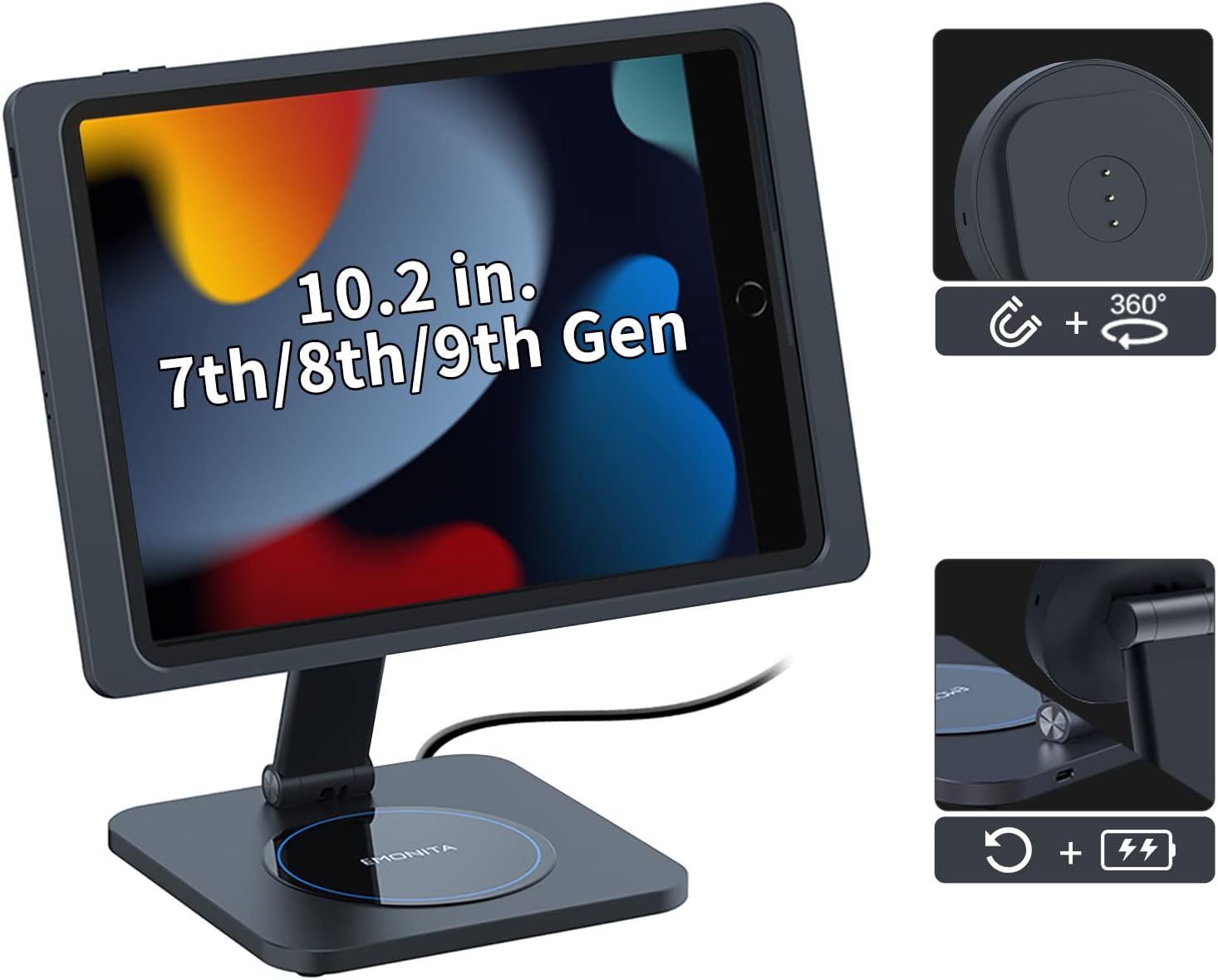 EMONITA Magnetic Stand with Charging Case for iPad 10.2 Inch 7th / 8th / 9th Gen (2021/2020/2019). 18W USB C Fast Charging Cable Included, Foldable L Shape, Strong Magnets, 360 Rotation, 180 Tilt