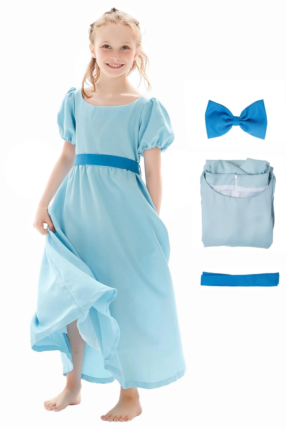 ulesoke Kids Blue Dress Costume Cosplay Girls Princess Dress Summer Dress Blue Skirt Belt Bow Headwear Outfit Halloween Suit