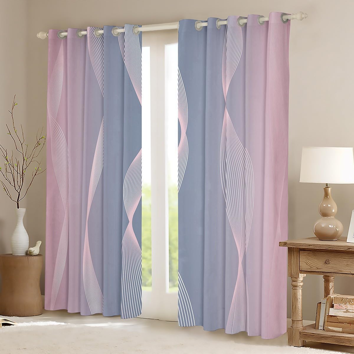 Homewish Gradient Pink and Grey Blackout Curtains Ombre 2 Panels 66" Wx72 L Curtains & Drapes,Trippy Spiral Silver Wave Line Curtains,Abstract Art Room Decor Aesthetic - Image 3