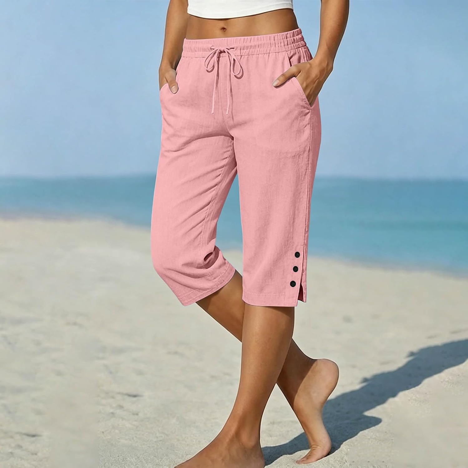 Capri Pants for Women Split Hem Petite Bermuda Shorts Knee Length Elastic Waist Summer Beach Cropped Trousers
