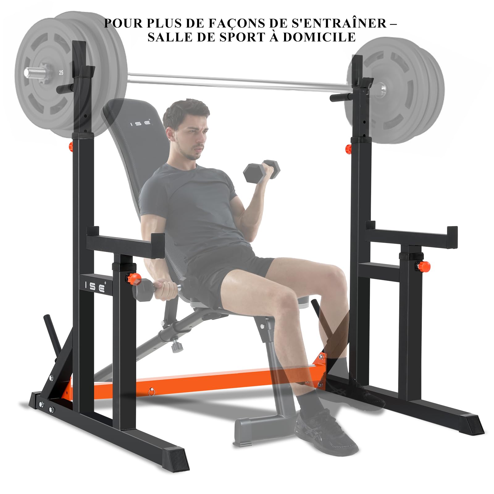 ISE Support Barre de Musculation Multifonction, Rack Squat avec Barres pour Haltères, Cage de Musculation en Acier, Rack Musculation Hauteur et Largeur Réglable, Cage Squat, Home Gym Noir et Rouge