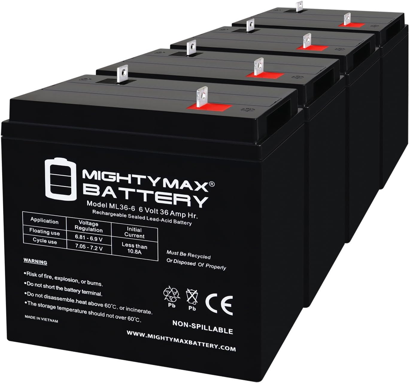 Mighty Max Battery ML36-6NB - 6 Volt 36 AH, NB Terminal, Rechargeable SLA AGM Battery - 2 Pack