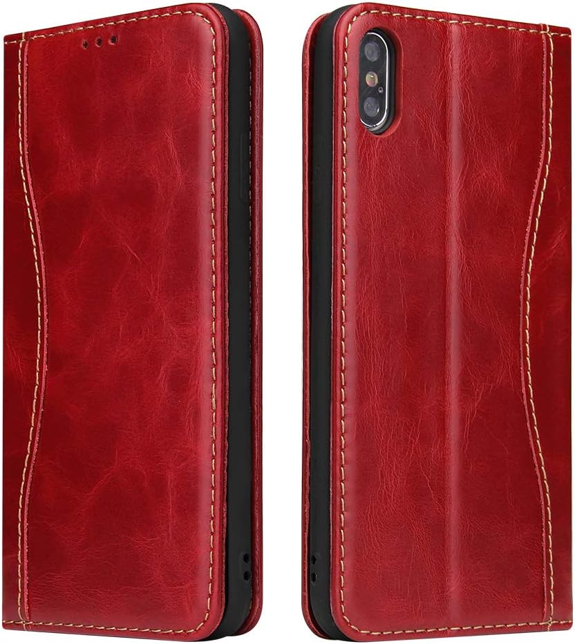 Genuine Leather Flip Case for iPhone XR,Classic Gun Leather Wallet Case Magnetic Closure Kickstand Card Slot