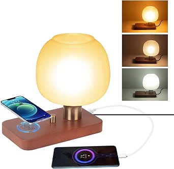 HonoDing Bedside Table Lamp with Wireless Charging and USB Port