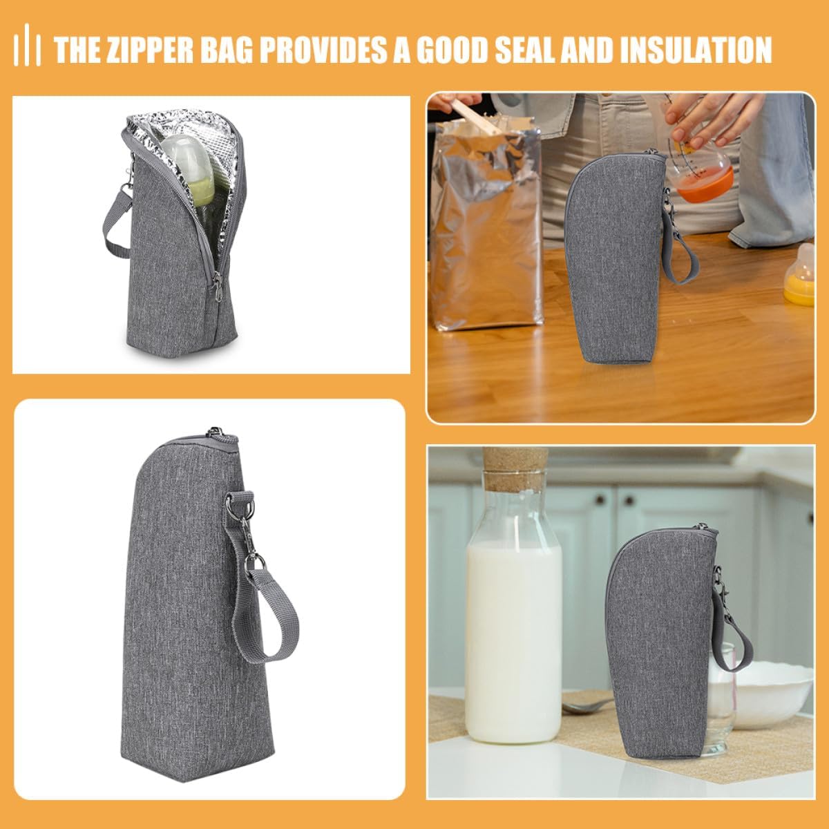 Mikinona 2pcs Insulated Bottle Cooler Bag for Travel Stroller Accessory Portable Thermal Milk Bottle Storage Pouch with Zipper Closure Gray Warmer Tote