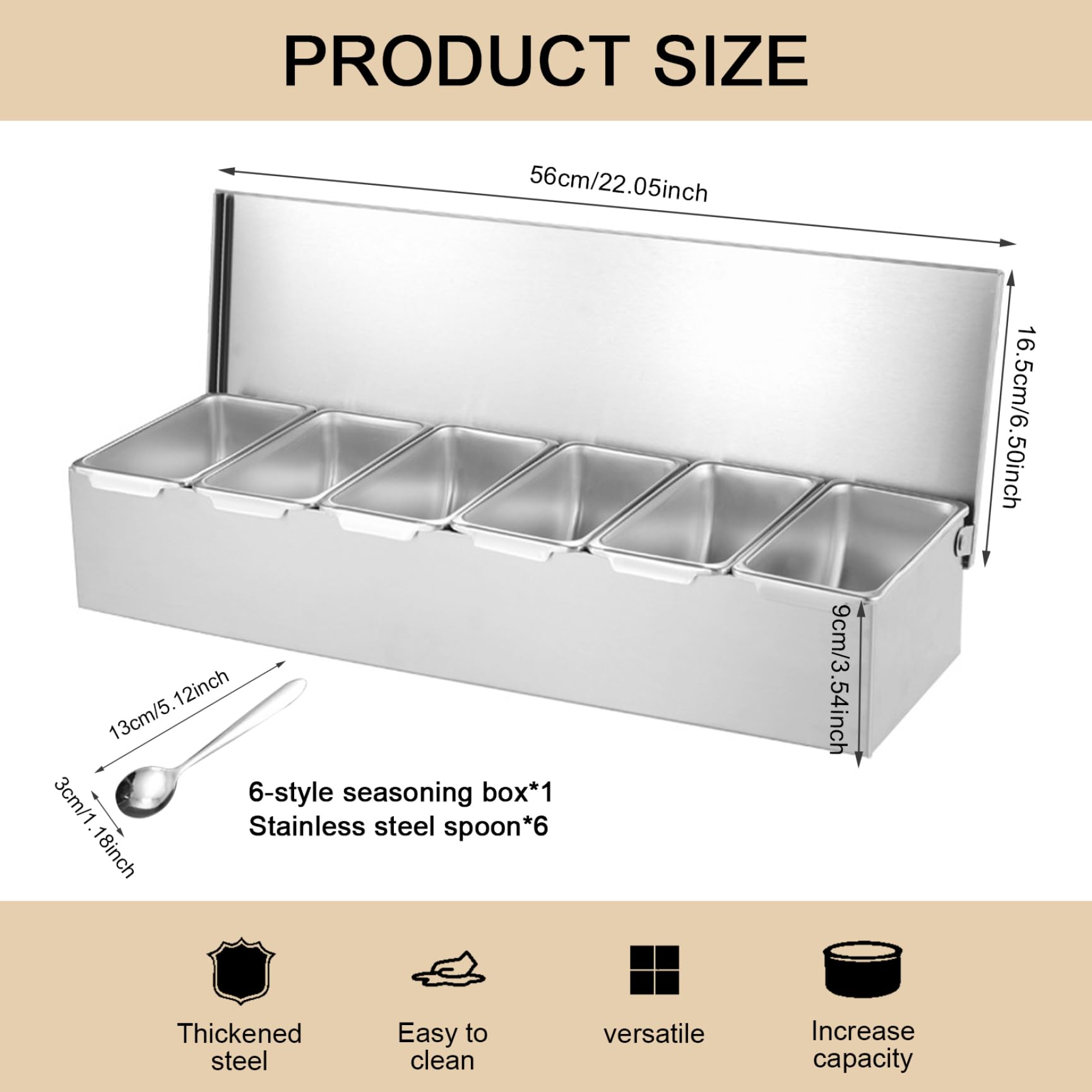 Stazione per Topping per Pizza 6x18x3, 5 Pollici, contenitori per condimenti a 6 Scomparti con 6 cucchiai, Scatola per spezie Rimovibile per Uso Alimentare per Cucina