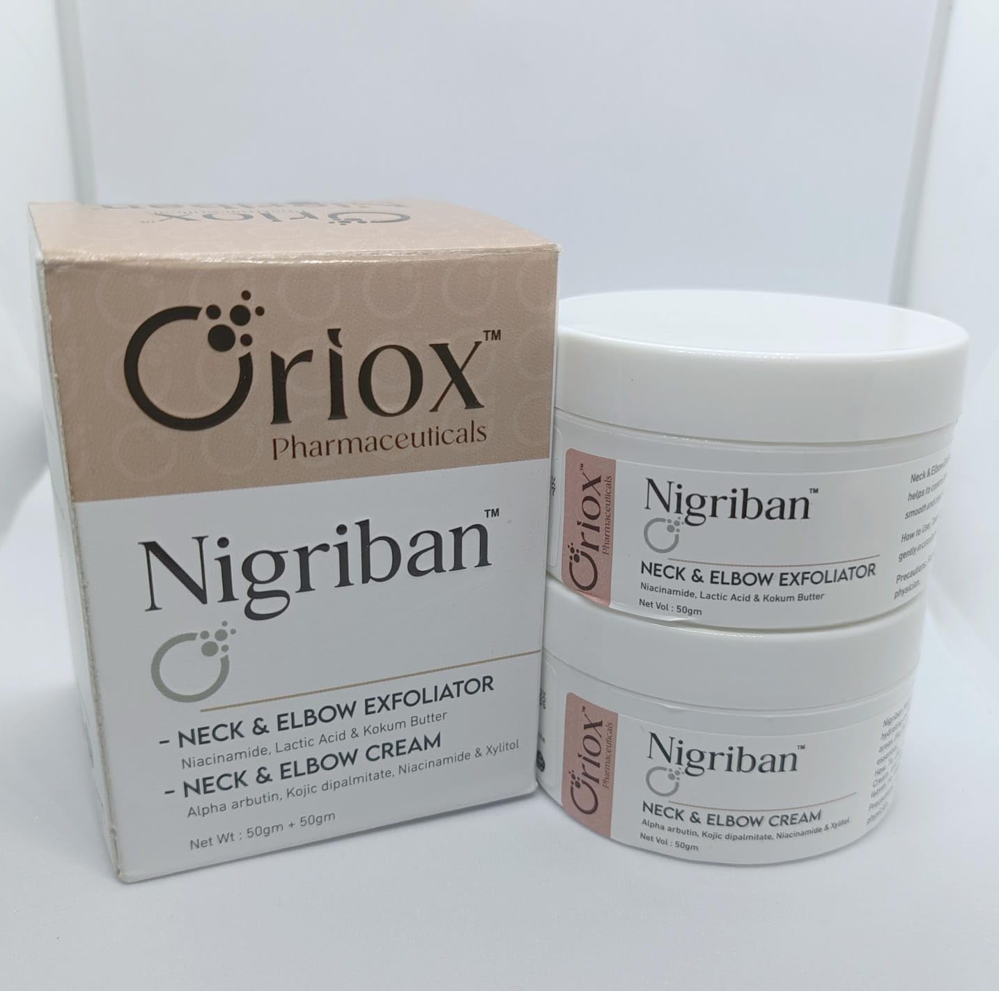 Nigriban Neck and Elbow Care Set, Exfoliator and Cream with Niacinamide, 50g Each from Oriox Pharma